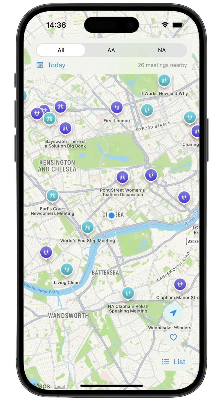 MeetingMap app showing recovery meetings on a map